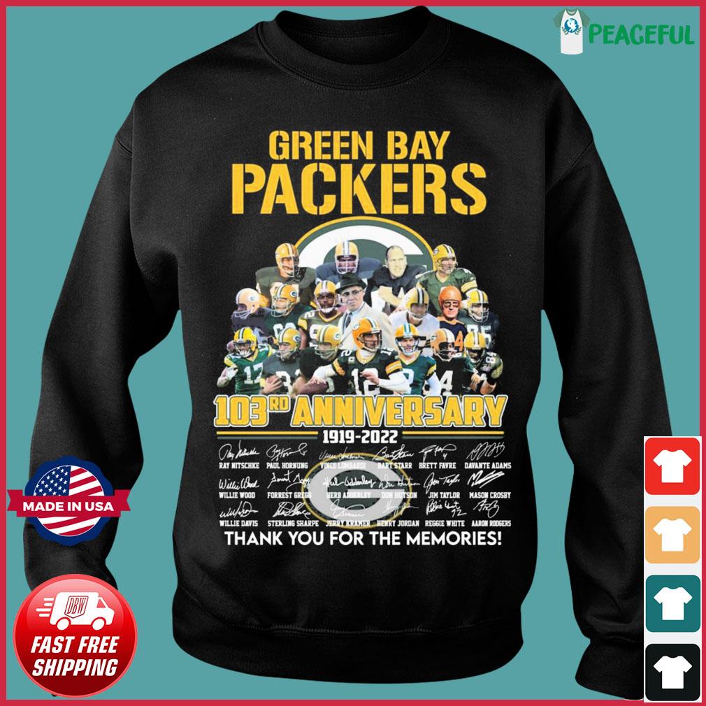 Official green bay packers 103rd anniversary 1919 2022 thank you for the  memories shirt, hoodie, sweater, long sleeve and tank top