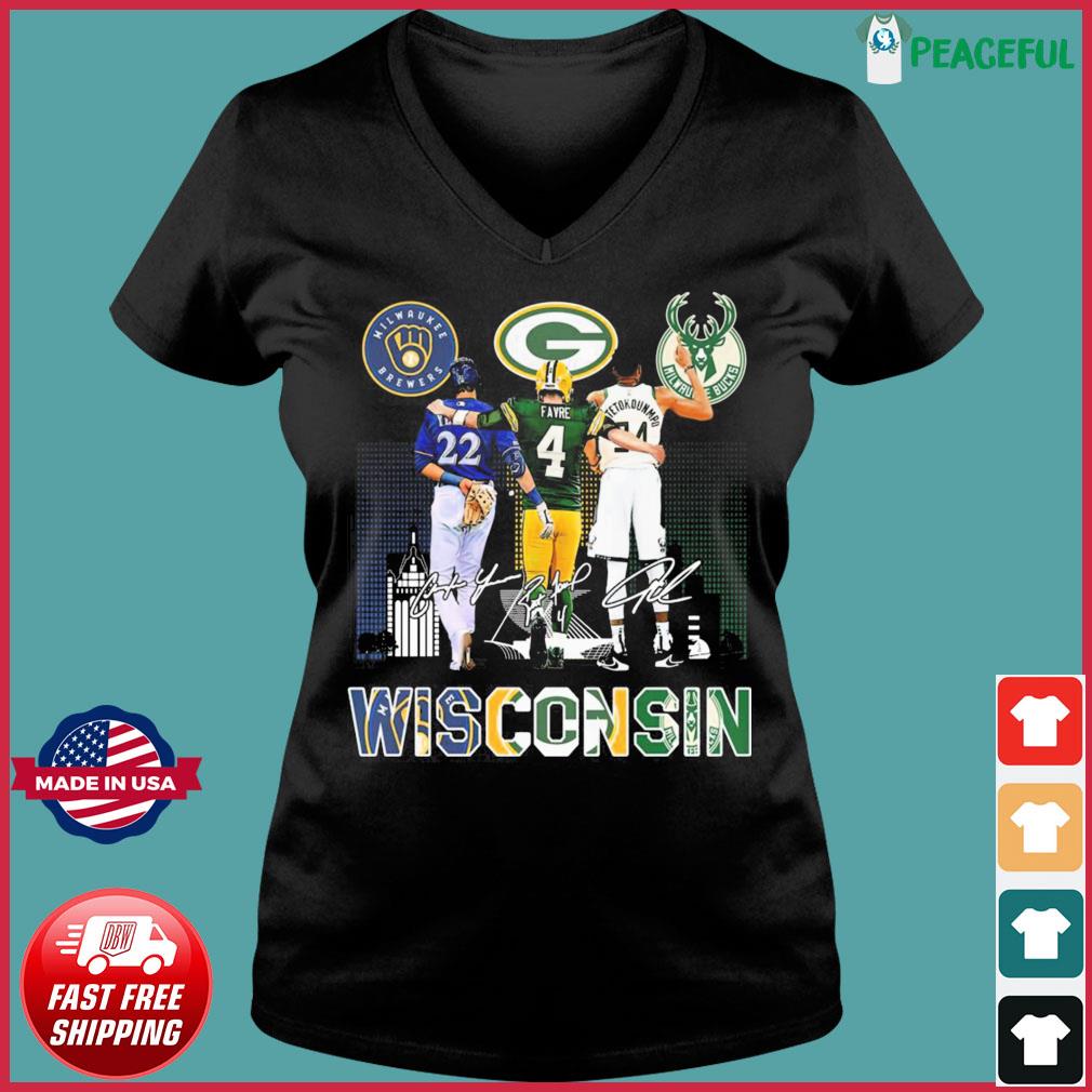 Christian Yelich Brett Favre And Giannis Antetokounmpo Wisconsin Sport  Teams Signatures Shirt - Teespix - Store Fashion LLC