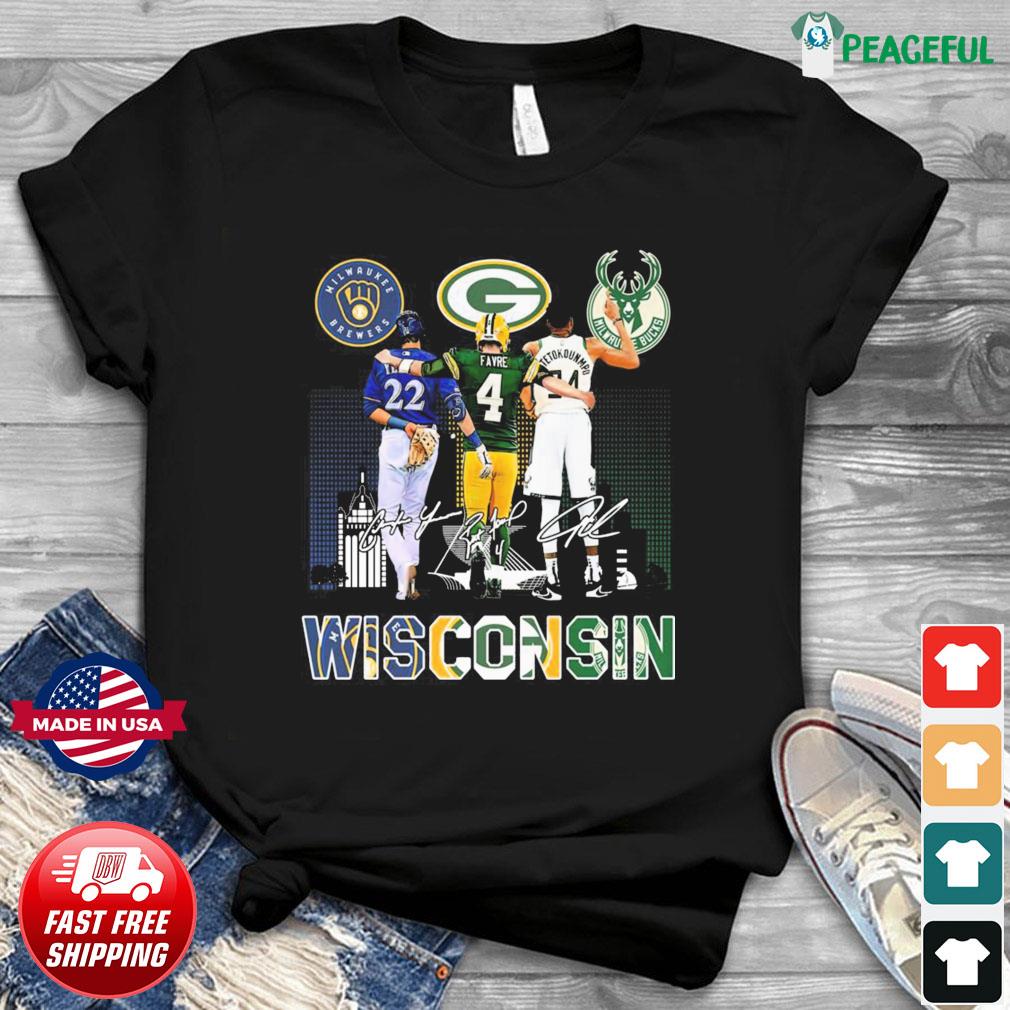 Christian Yelich Brett Favre And Giannis Antetokounmpo Wisconsin Sport  Teams Signatures Shirt - Teespix - Store Fashion LLC