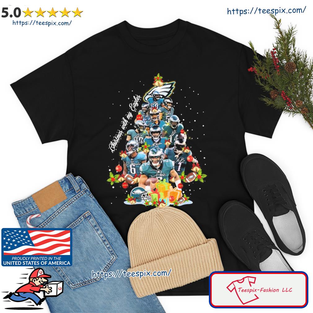 Philadelphia Eagles Team Xmas Tree Christmas With My Eagles Signatures Shirt,  hoodie, sweater, long sleeve and tank top