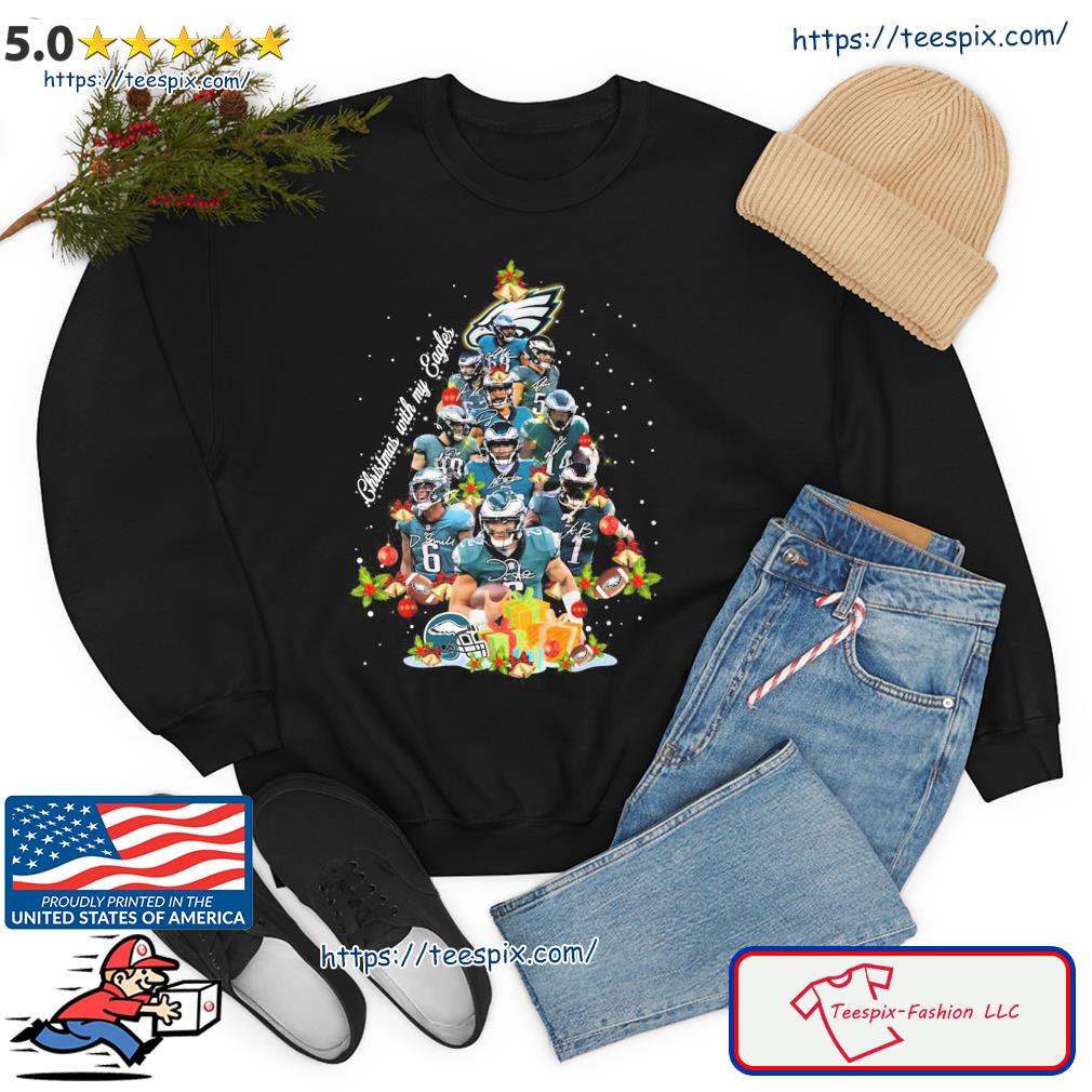 Philadelphia Eagles Team Xmas Tree Christmas With My Eagles Signatures Shirt,  hoodie, sweater, long sleeve and tank top