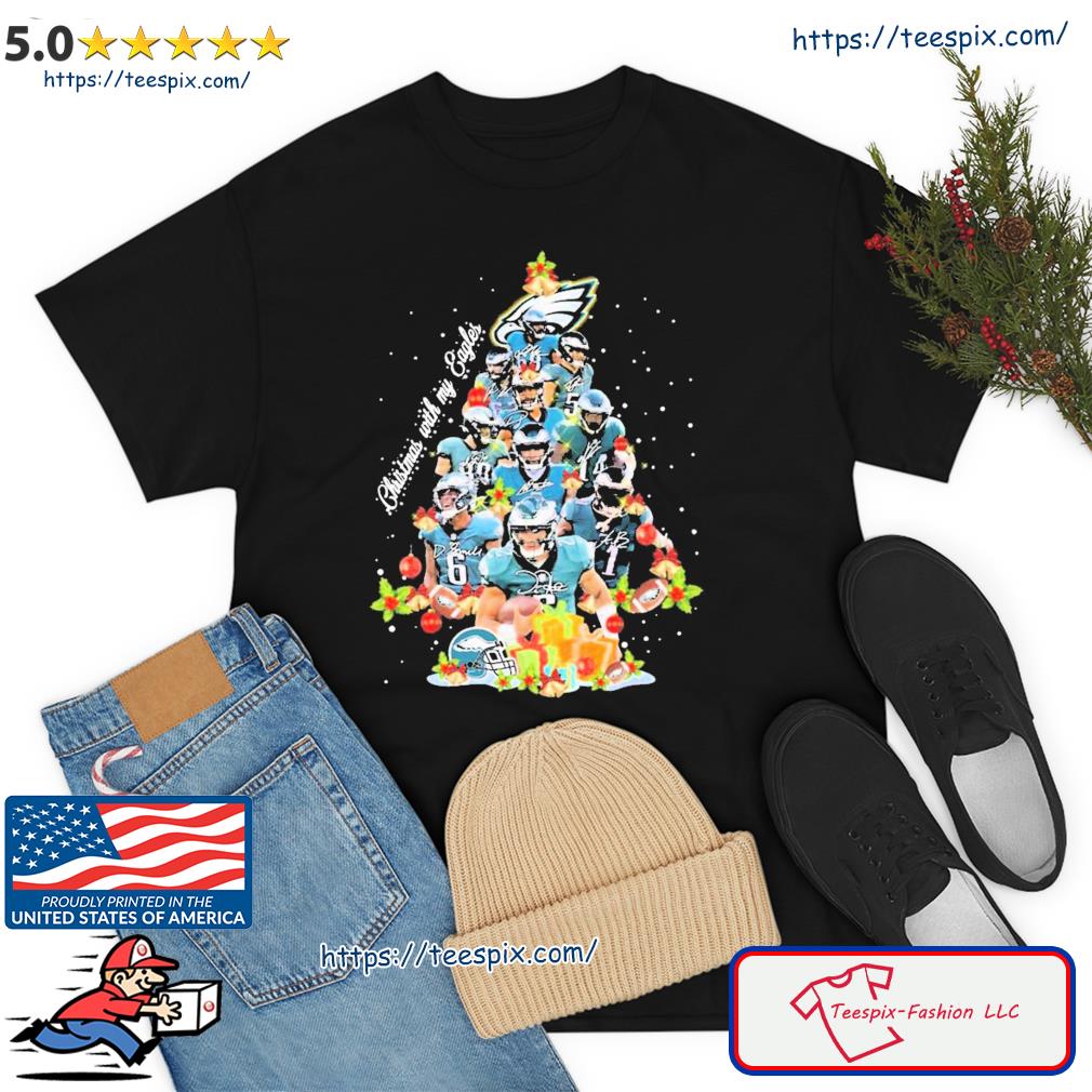 Philadelphia Eagles Team Xmas Tree Christmas With My Eagles Signatures Shirt,  hoodie, sweater, long sleeve and tank top