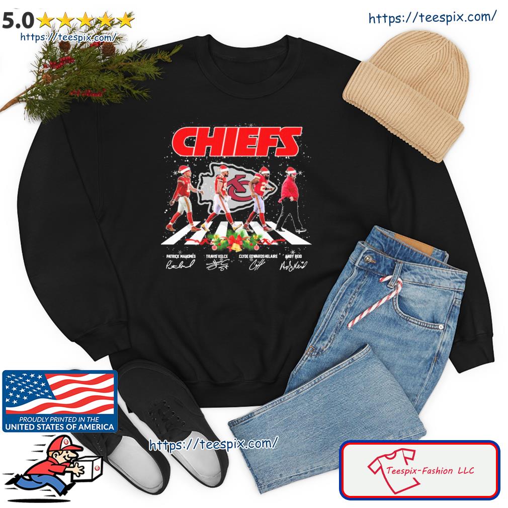 KC Chiefs Patrick Mahomes Travis Kelce Clyde Edwards Helaire Andy Reid on  the road Christmas shirt, hoodie, sweater and v-neck t-shirt