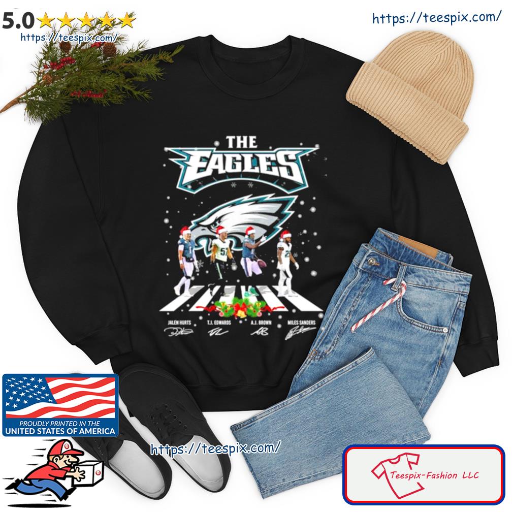 The Eagles Jalen Hurts TJ Edwards Aj Brown And Miles Sanders Abbey Road  Christmas Signatures Shirt, hoodie, sweater, long sleeve and tank top