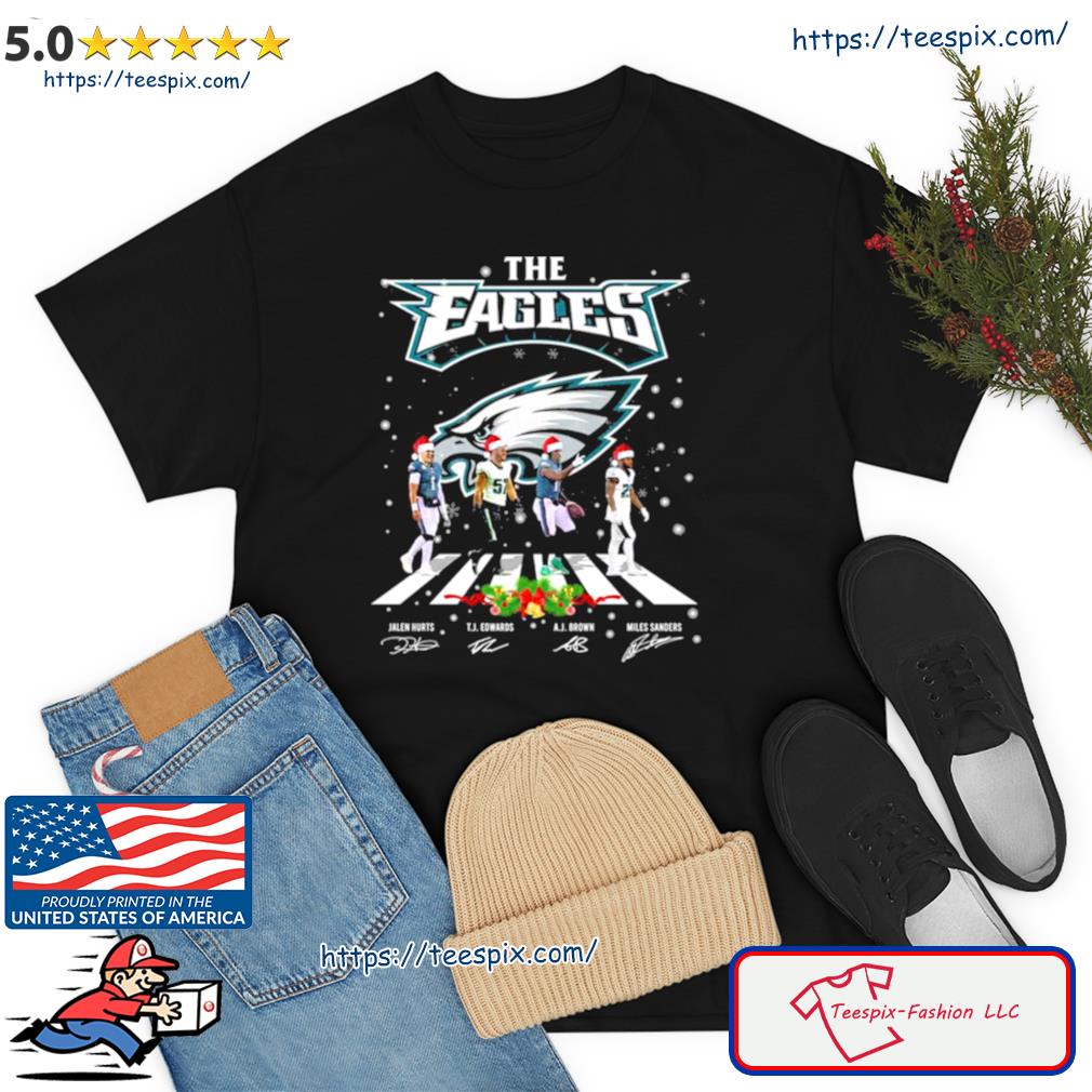 The Eagles Jalen Hurts TJ Edwards Aj Brown And Miles Sanders Abbey Road  Christmas Signatures Shirt, hoodie, sweater, long sleeve and tank top