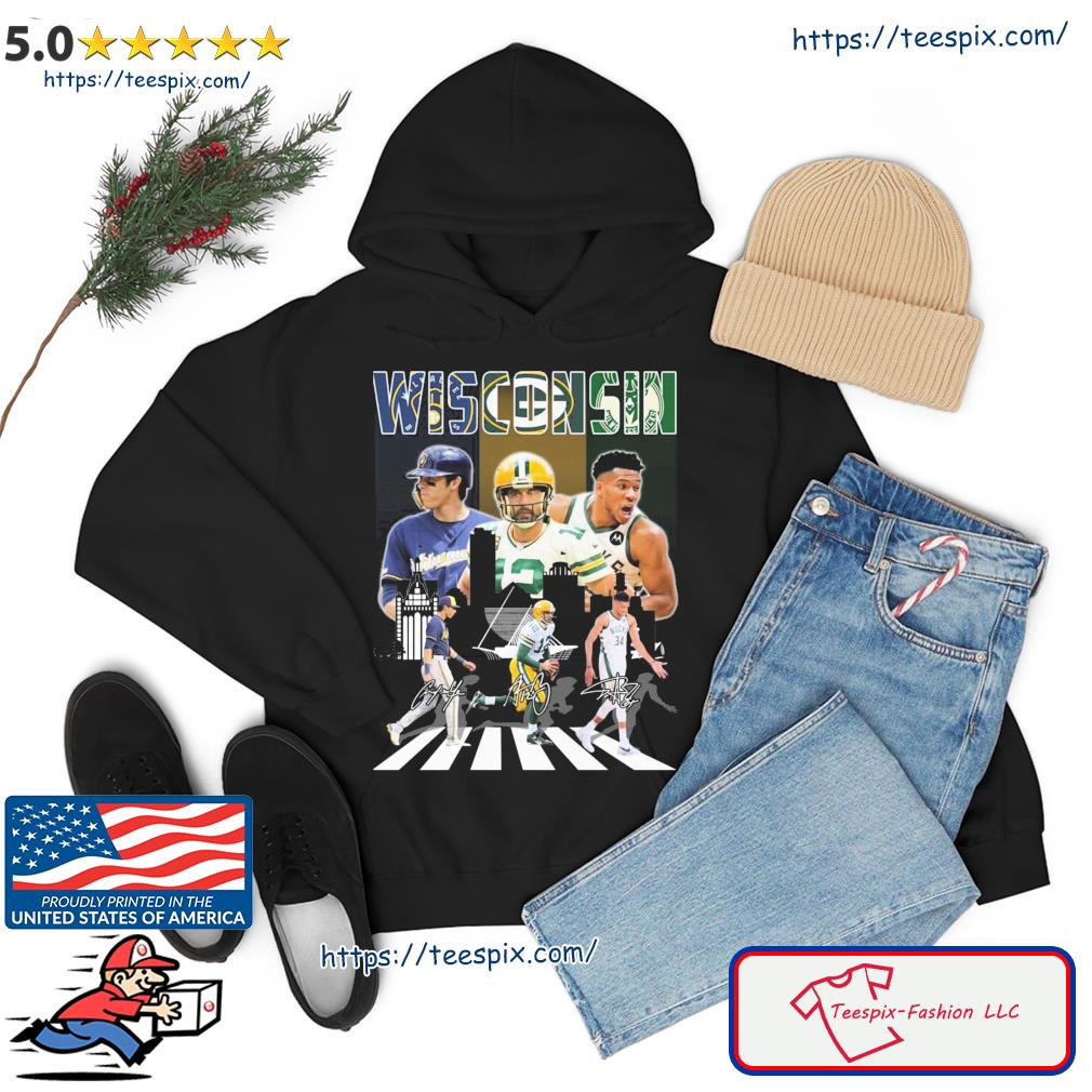 Wisconsin Sports Abbey Road Christian Yelich Aaron Rodgers And Giannis  Antetokounmpo Signatures Shirt, hoodie, sweater, long sleeve and tank top