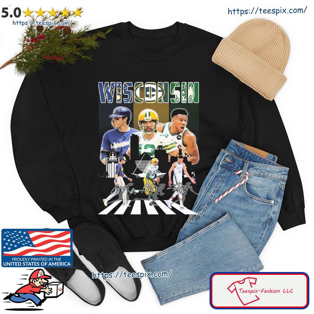 Wisconsin Sports Abbey Road Christian Yelich Aaron Rodgers And Giannis  Antetokounmpo Signatures Shirt, hoodie, sweater, long sleeve and tank top