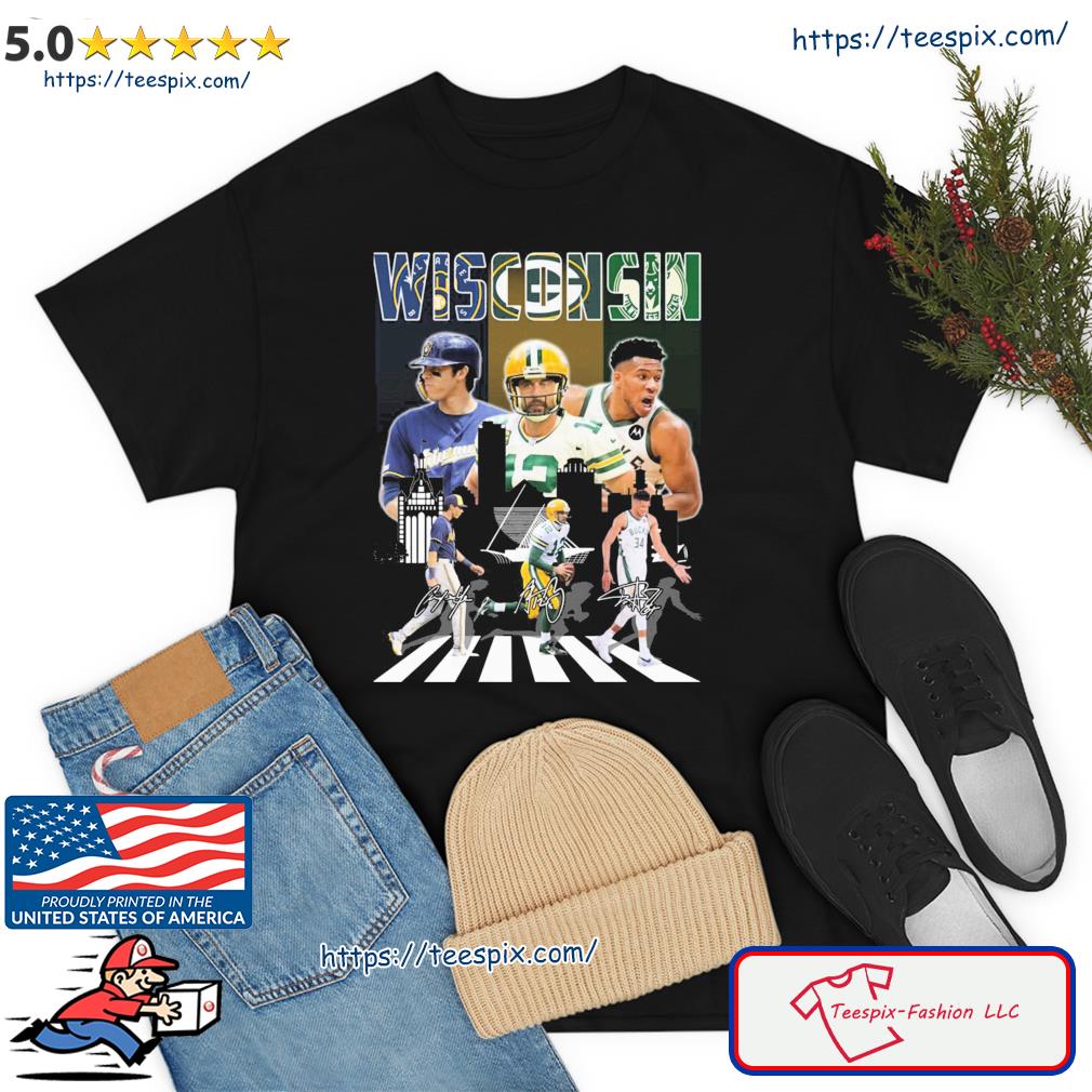 Wisconsin Sports Abbey Road Christian Yelich Aaron Rodgers And Giannis  Antetokounmpo Signatures Shirt, hoodie, sweater, long sleeve and tank top