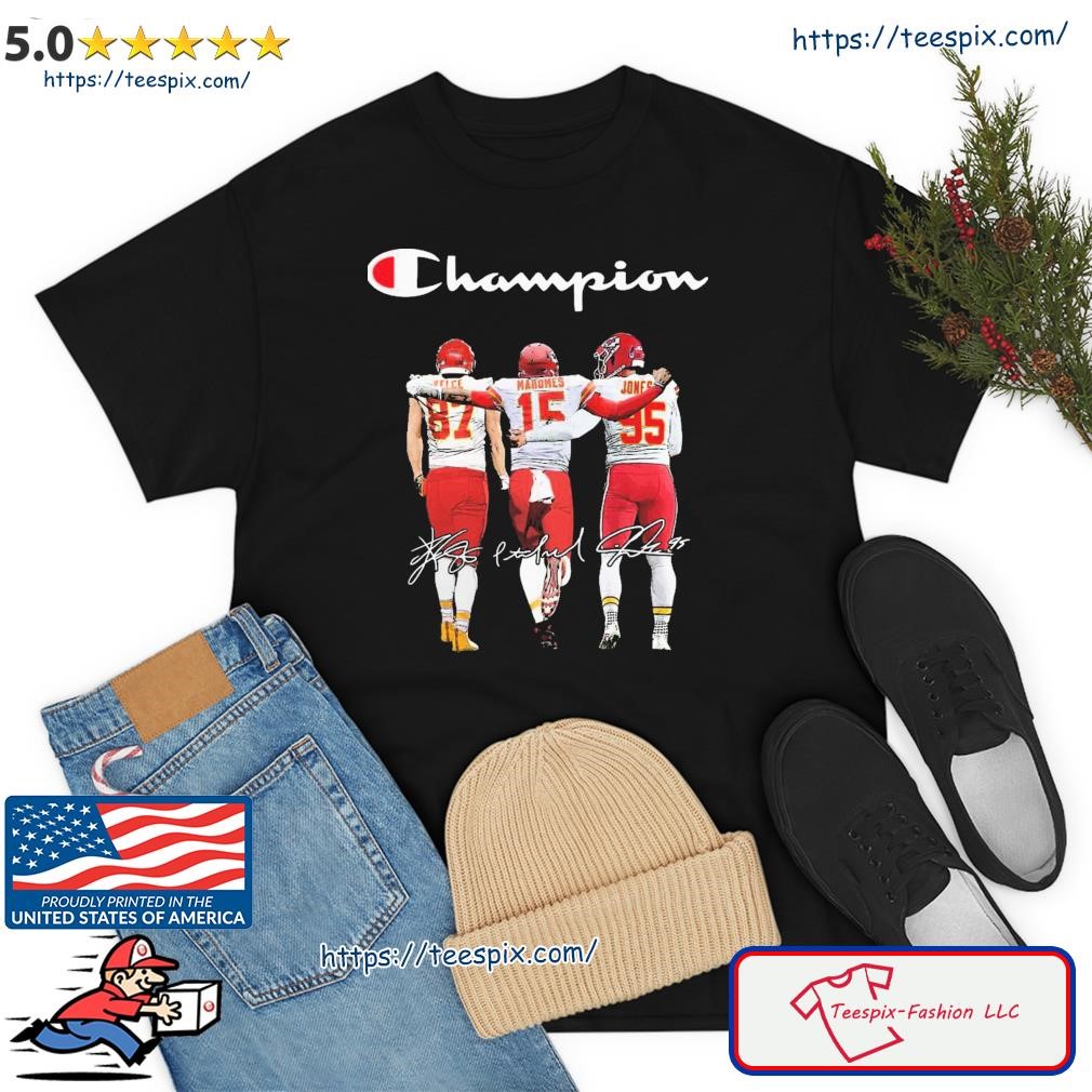 Travis Kelce Patrick Mahomes Chris Jones Champion Signature T-shirt -  Trends Bedding