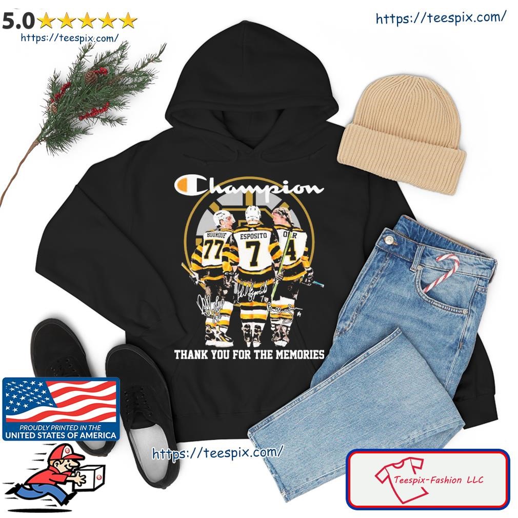 Champions Ray Bourque Phil Esposito and Bobby Orr Boston Bruins signatures  shirt, hoodie, sweater, long sleeve and tank top