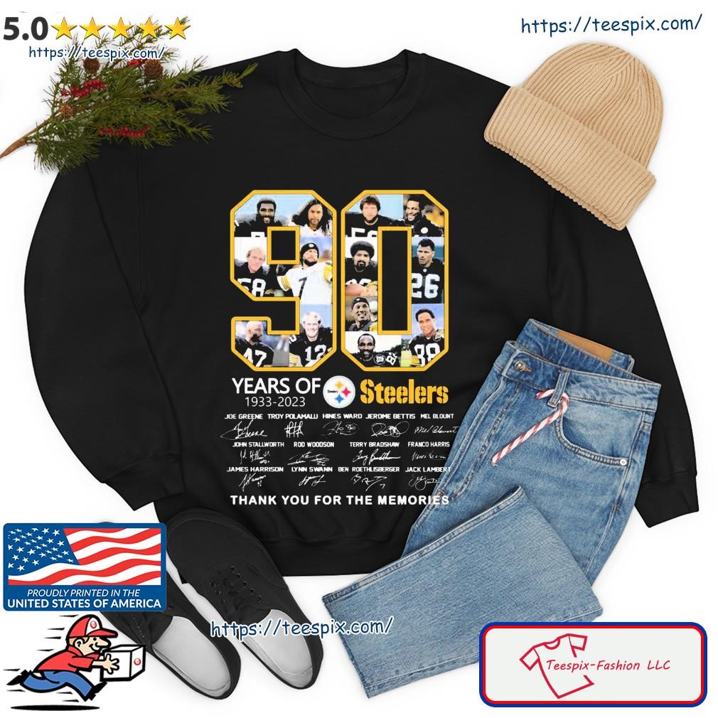 90 years of Steelers 1933-2023 thank you for the memories with signatures  shirt, hoodie, sweater, long sleeve and tank top