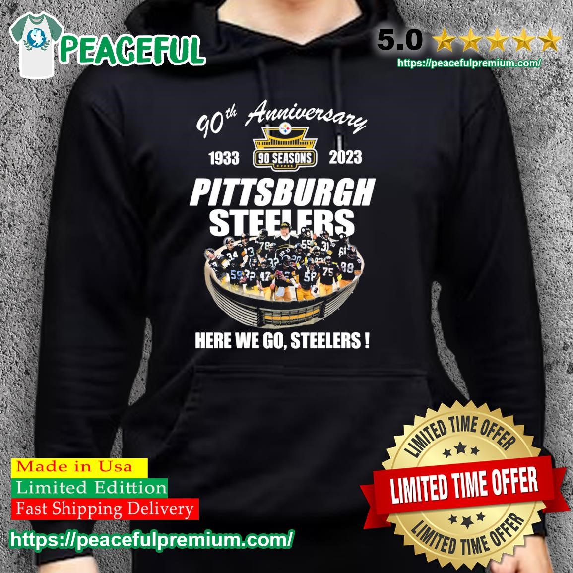 Pittsburgh Steelers 90th Anniversary 1933-2023 Stadium Here We Go Shirt,  hoodie, sweater, long sleeve and tank top