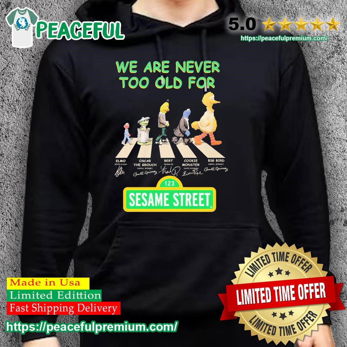We are never too old for Sesame Street Abbey Road signatures shirt, hoodie,  sweater, long sleeve and tank top