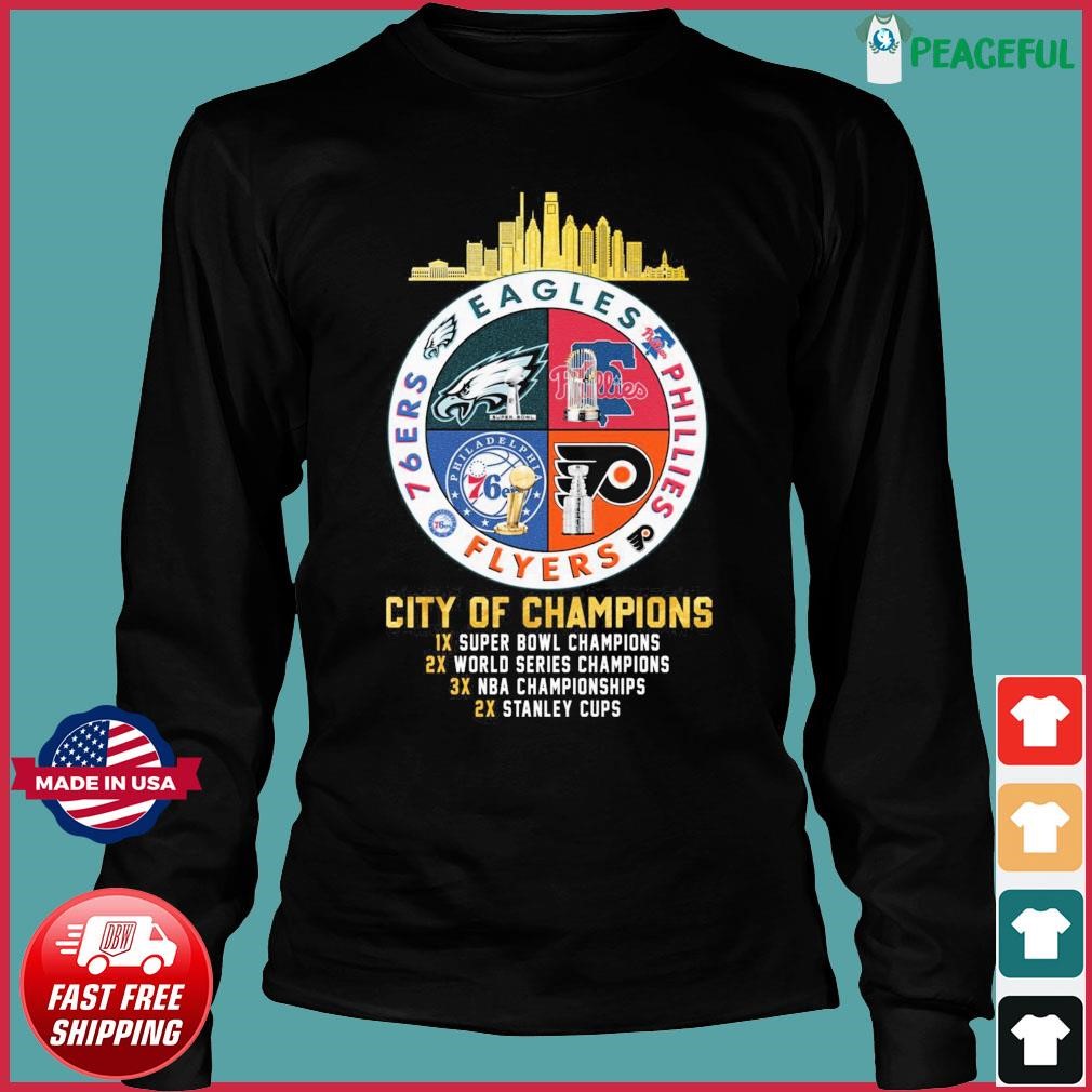 Official eagles phillies flyers and 76ers city of champions T-shirt,  hoodie, tank top, sweater and long sleeve t-shirt