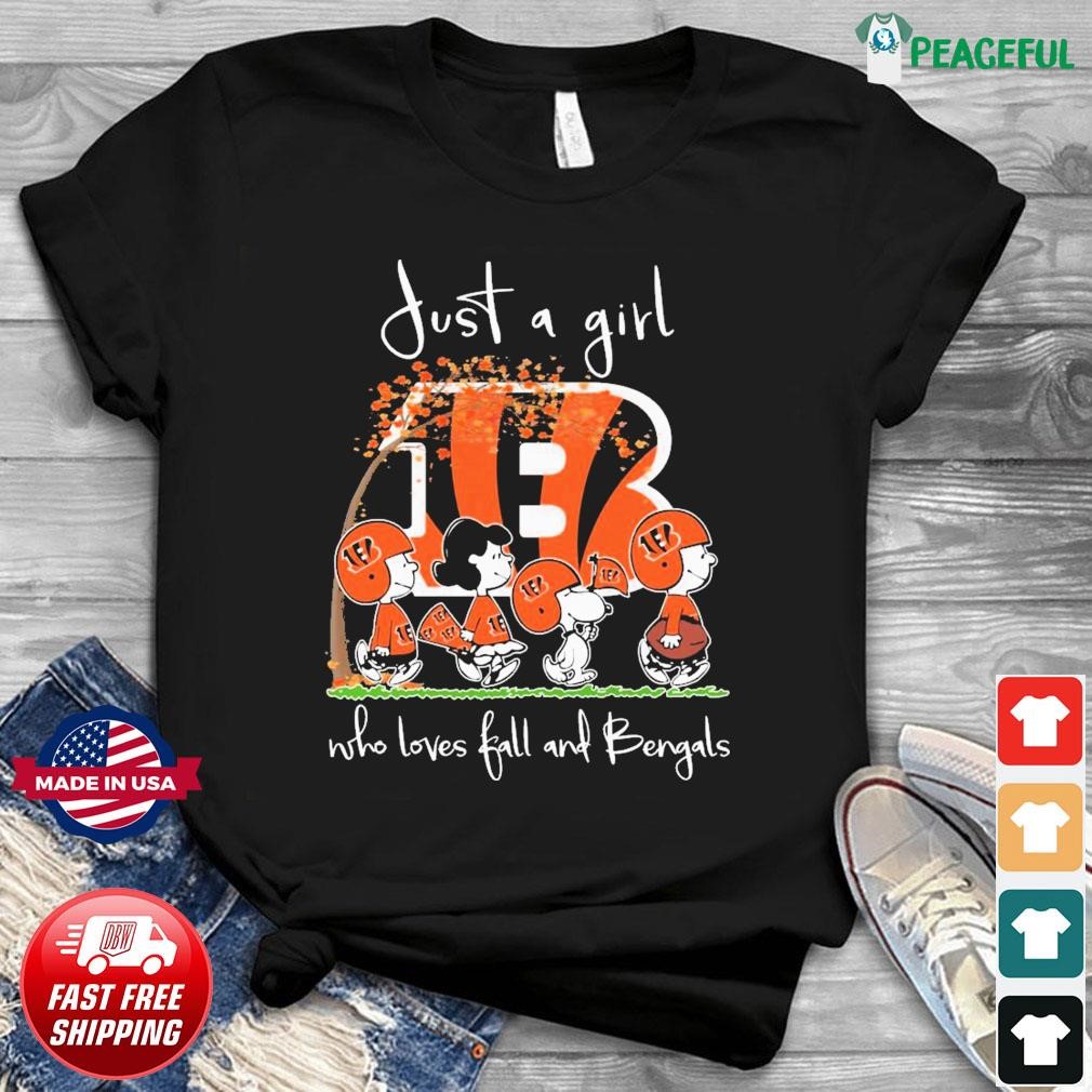 The Peanuts Just A Girl Who Loves Fall And Cincinnati Bengals shirt,  hoodie, sweater, long sleeve and tank top