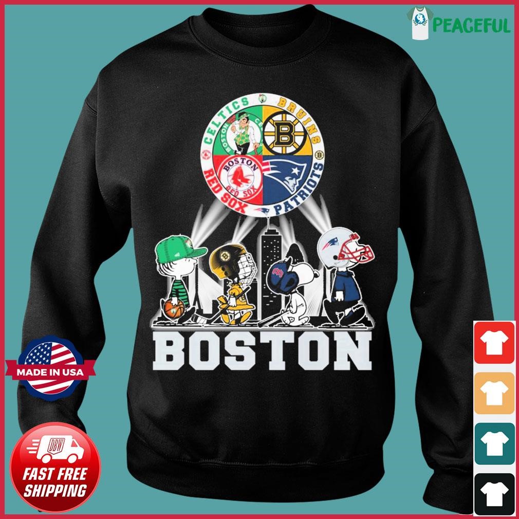 Peanuts characters Bruins Patriots Red Sox Celtics Boston skyline city shirt  - Limotees