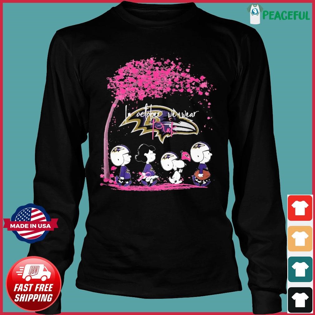 Peanuts Characters Baltimore Ravens In October We Wear Pink Shirt, hoodie,  sweater, long sleeve and tank top