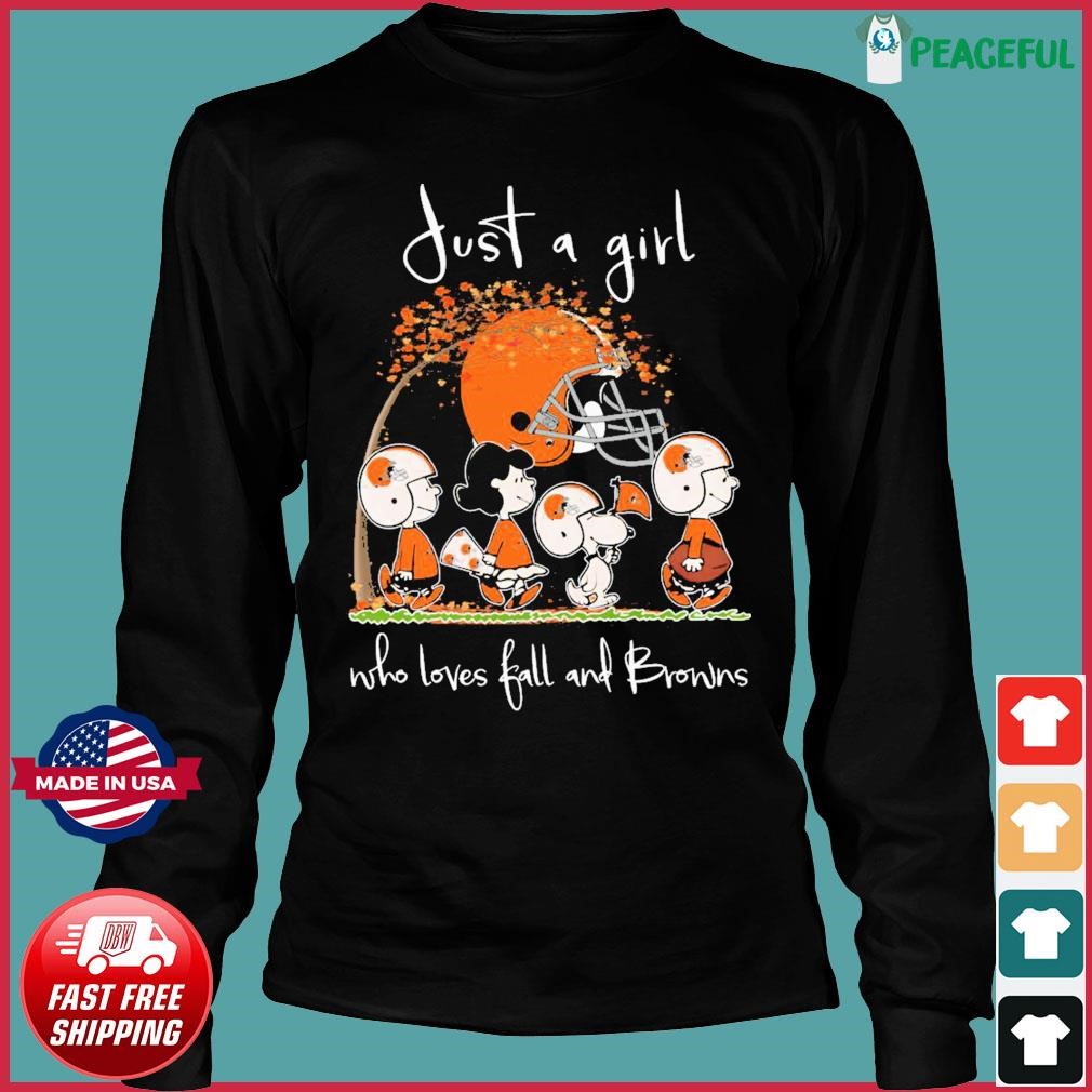 Official peanuts Just A Girl Who Loves Fall And Cleveland Browns Shirt,  hoodie, sweater, long sleeve and tank top