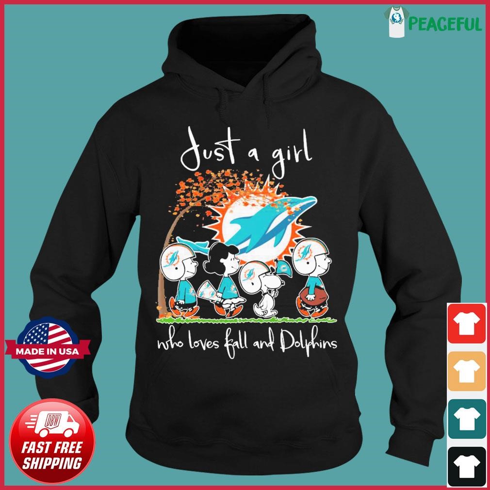 Peanuts Characters Just A Girl Who Loves Fall And Miami Dolphins Shirt,  hoodie, sweater, long sleeve and tank top