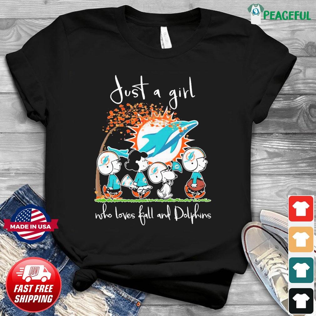 Peanuts Characters Just A Girl Who Loves Fall And Miami Dolphins Shirt,  hoodie, sweater, long sleeve and tank top