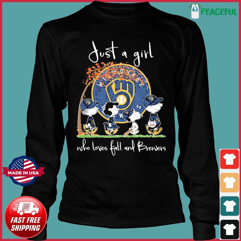 Just A Woman Who Loves Fall Milwaukee Brewers Peanuts Cartoon T-shirt,Sweater,  Hoodie, And Long Sleeved, Ladies, Tank Top