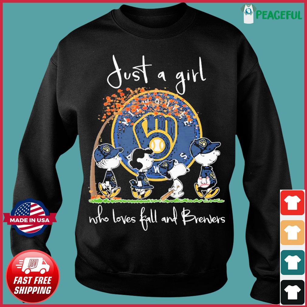 Just A Woman Who Loves Fall Milwaukee Brewers Peanuts Cartoon T-shirt,Sweater,  Hoodie, And Long Sleeved, Ladies, Tank Top