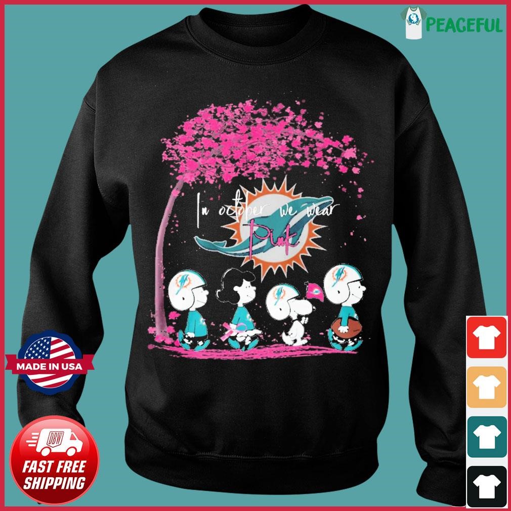 Official Miami Dolphins Peanut Characters in october we wear pink 2023 shirt,  hoodie, tank top, sweater and long sleeve t-shirt