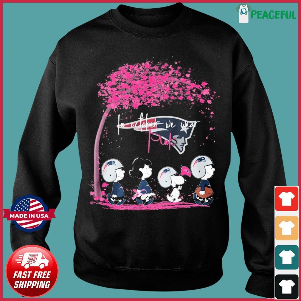 In October we wear pink Snoopy and friend New England Patriots shirt,  hoodie, sweater, long sleeve and tank top