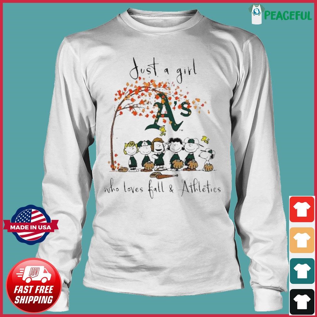 Official the Peanuts Just A Girl Who Loves Fall Oakland Athletics Shirt,  hoodie, sweater, long sleeve and tank top