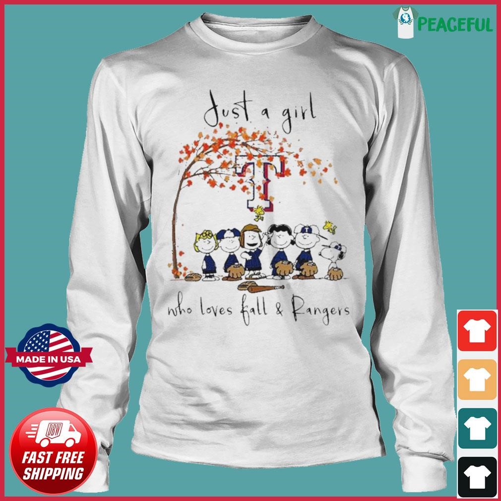 The Peanuts Just A Girl Who Loves Fall Texas Rangers Shirt, hoodie,  sweater, long sleeve and tank top