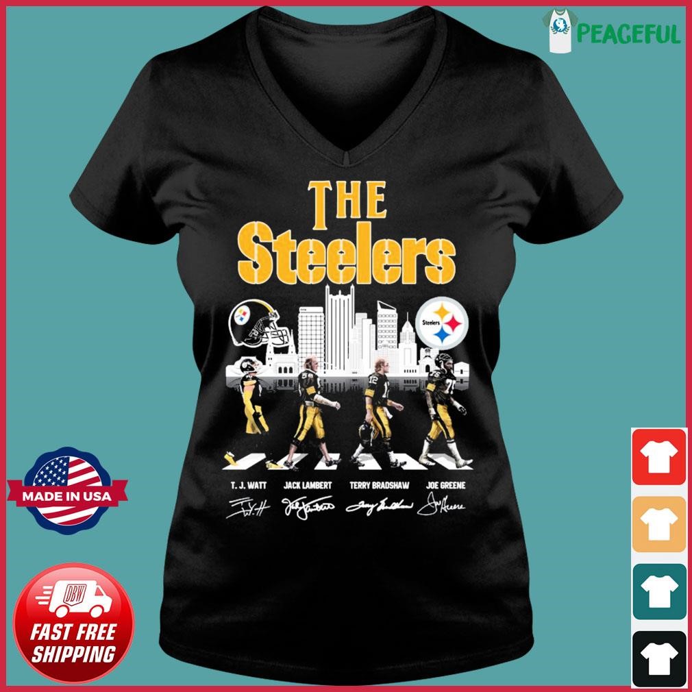 The Steelers Skyline Abbey Road Tj Watt Jack Lambert Terry Bradshaw And Joe  Greene Signatures Shirt, hoodie, sweater, long sleeve and tank top