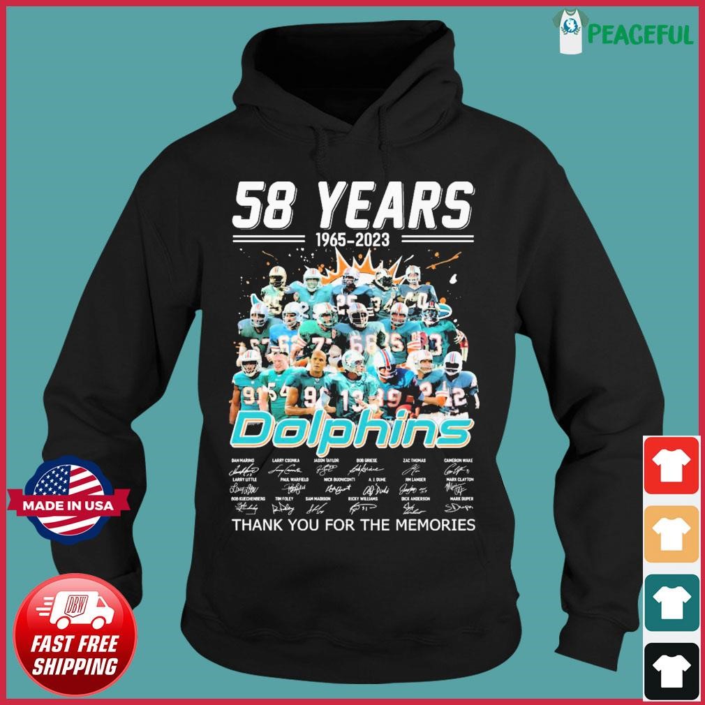 Funny Dolphins Miami Dolphins 57th Anniversary 1965 2022 Signatures Thank  You For The Memories Shirt, hoodie, sweater, long sleeve and tank top