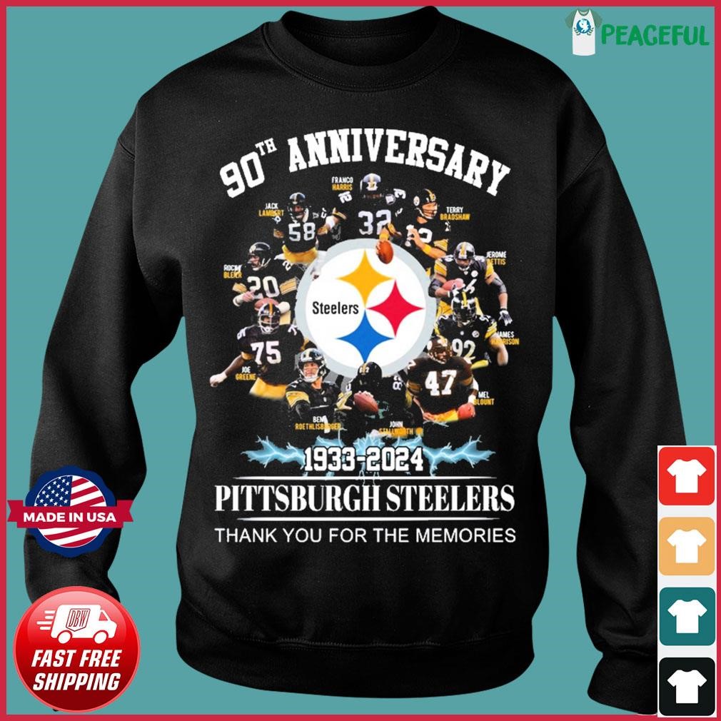 Funny Pittsburgh steelers 90 years of 1933 2023 thank you for the memories  signatures shirt, hoodie, sweater, long sleeve and tank top