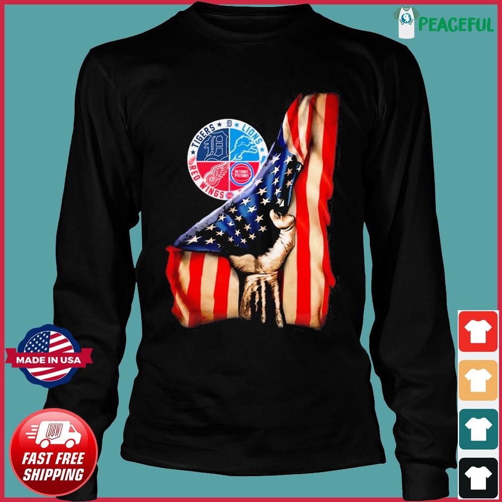 Detroit Sports Teams Hand Pulling American Flag Shirt, hoodie