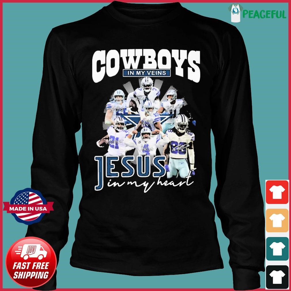 Funny Dallas Cowboys in my veins Jesus in my heart signatures shirt,  hoodie, sweater, long sleeve and tank top