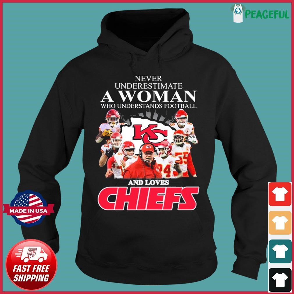 Never underestimate a woman who understands football and loves Kansas City Chiefs  shirt, sweater, long sleeved and hoodie