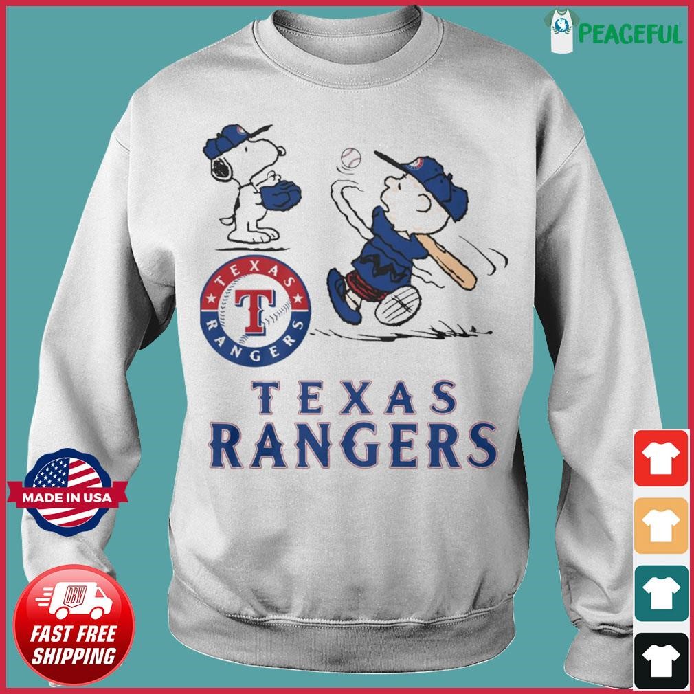 Snoopy and Charlie Brown playing baseball Texas Rangers shirt
