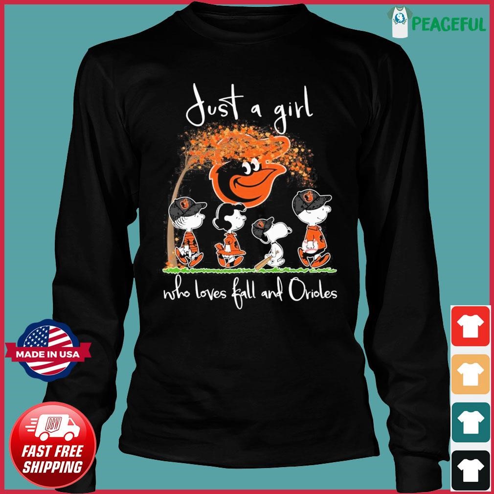The Peanuts Characters Just A Woman Who Loves Fall & Baltimore Orioles Shirt,  hoodie, sweater, long sleeve and tank top