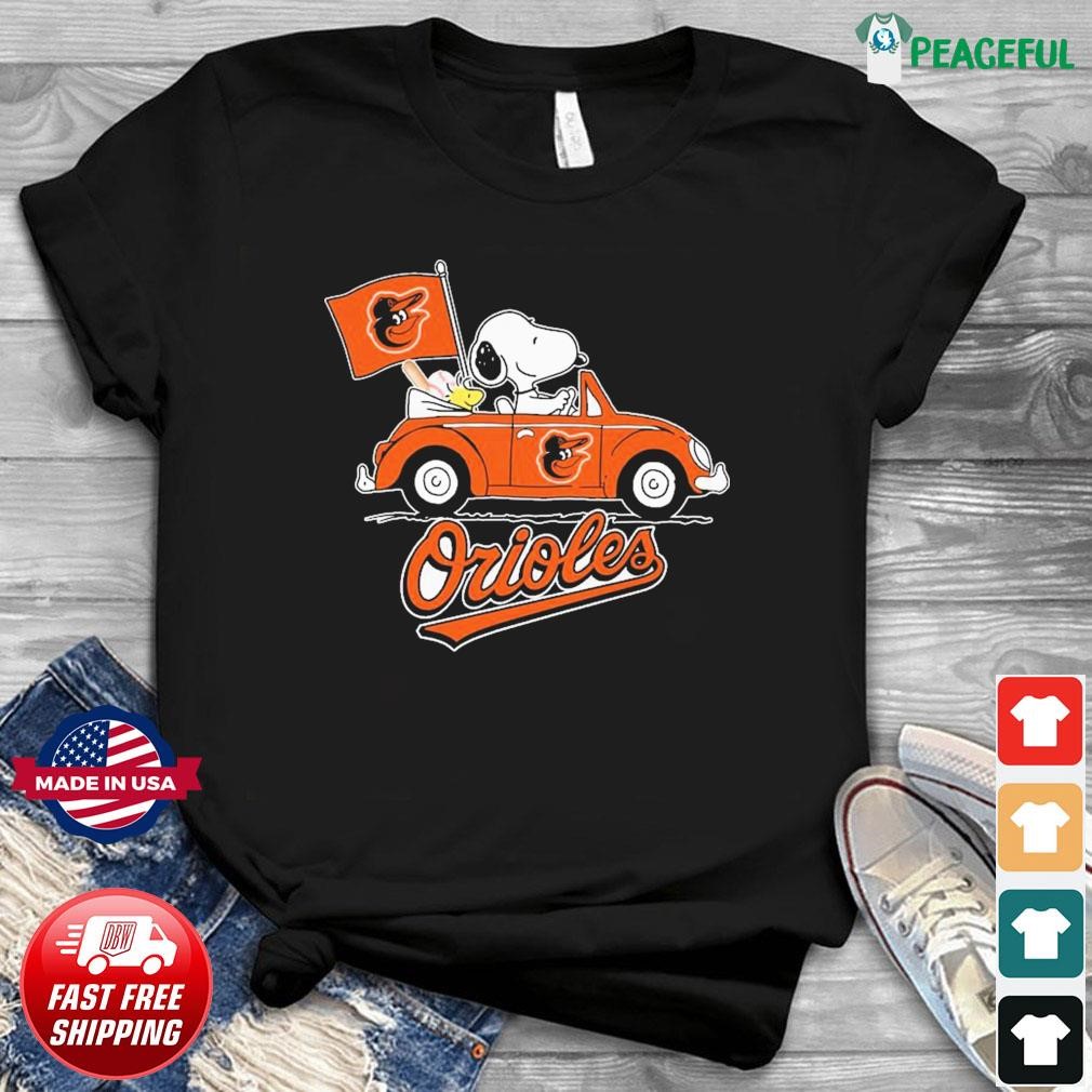 Snoopy Drives Car With Baltimore Orioles Flag T-Shirt - ShirtsOwl