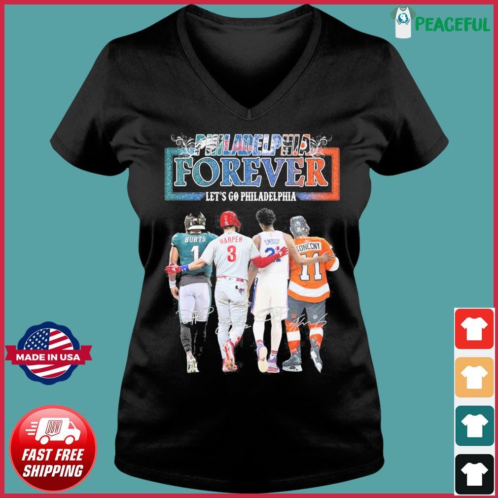 Philadelphia city Bryce Harper Jalen Hurts Joel Embiid Travis Konecny  sports player skyline signatures shirt, hoodie, sweater, long sleeve and  tank top