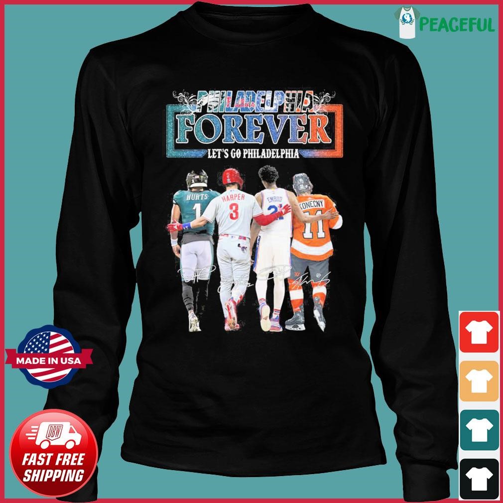 Philadelphia city Bryce Harper Jalen Hurts Joel Embiid Travis Konecny  sports player skyline signatures shirt, hoodie, sweater, long sleeve and  tank top