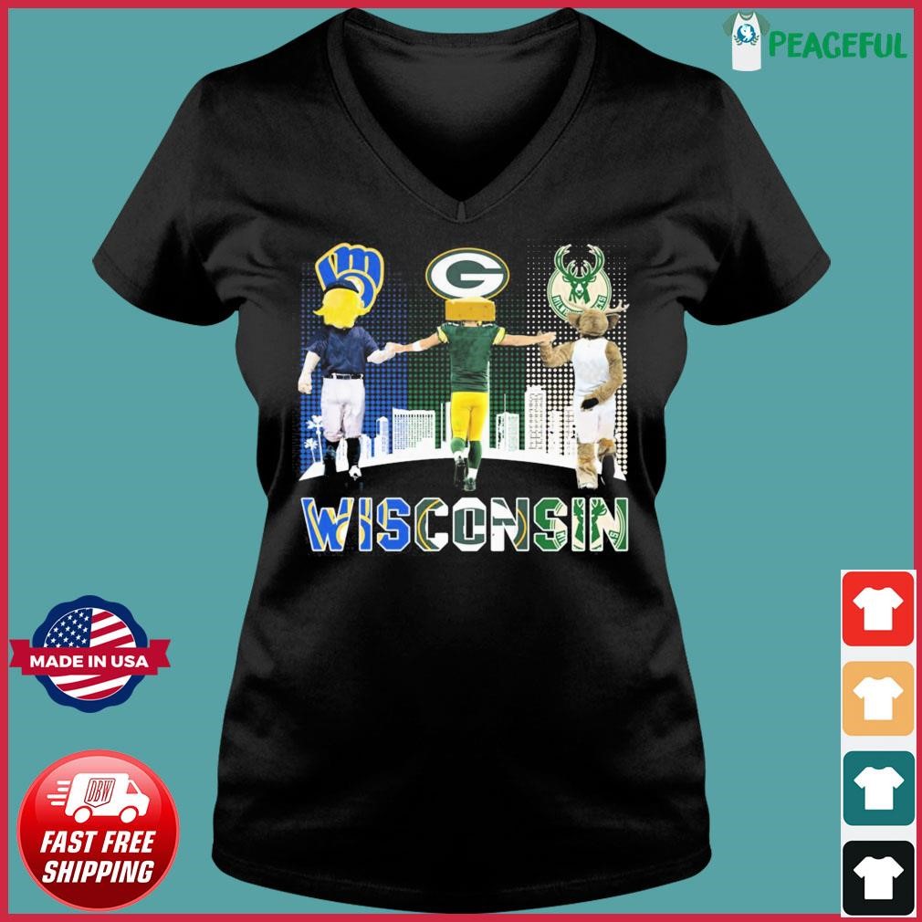 Wisconsin city skyline Milwaukee Brewers Green Bay Packers and Milwaukee  Bucks mascots shirt, hoodie, sweater, long sleeve and tank top