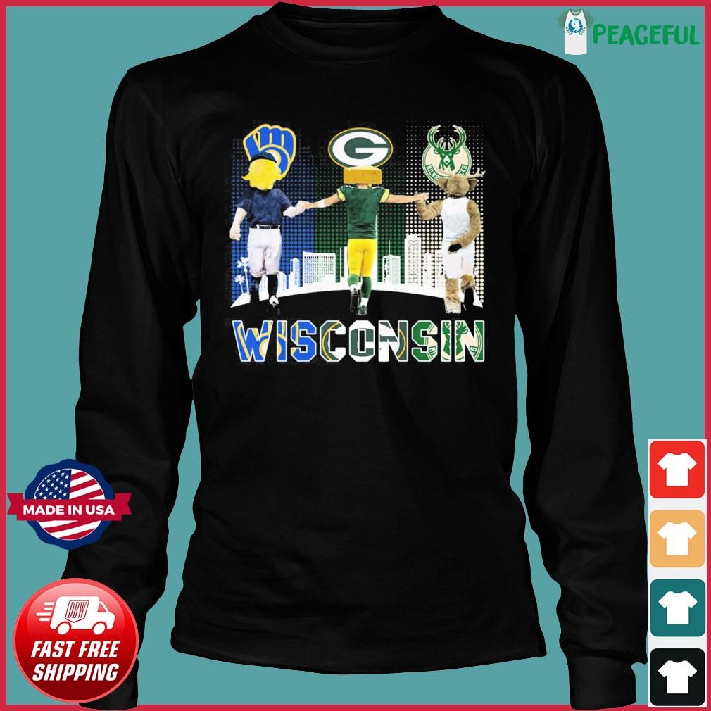 Wisconsin city skyline Milwaukee Brewers Green Bay Packers and Milwaukee  Bucks mascots shirt, hoodie, sweater, long sleeve and tank top