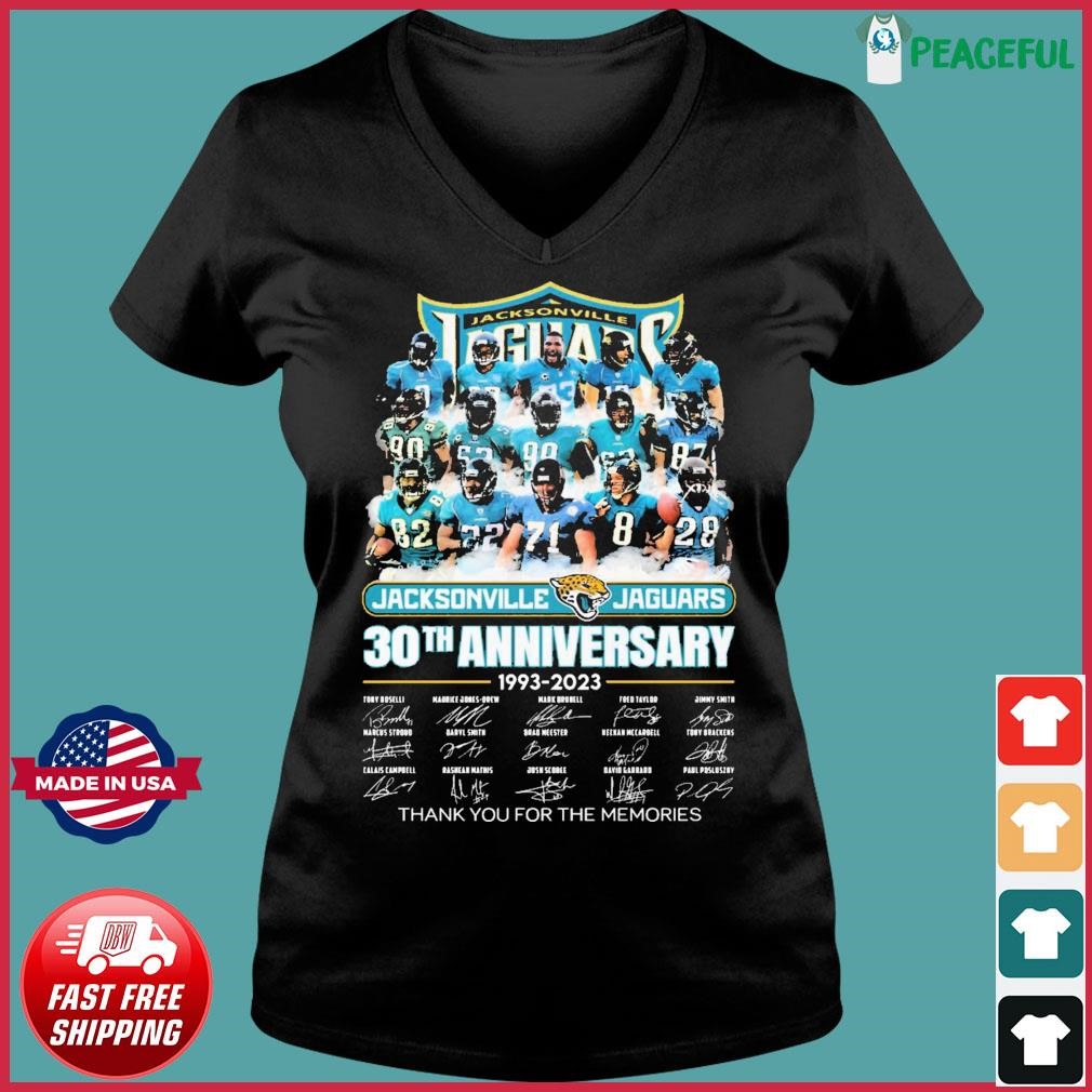 Jacksonville Jaguars 30th Anniversary 1993-2023 Thank You For The Memories Signatures Shirt Ladies V-neck Tee.jpg