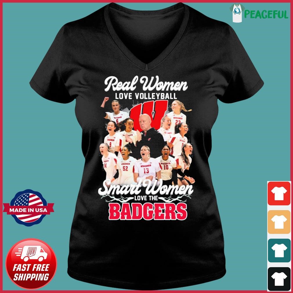 NCAA Division I Real Women Love Volleyball Smart Women Love The Wisconsin Badgers Shirt Ladies V-neck Tee.jpg