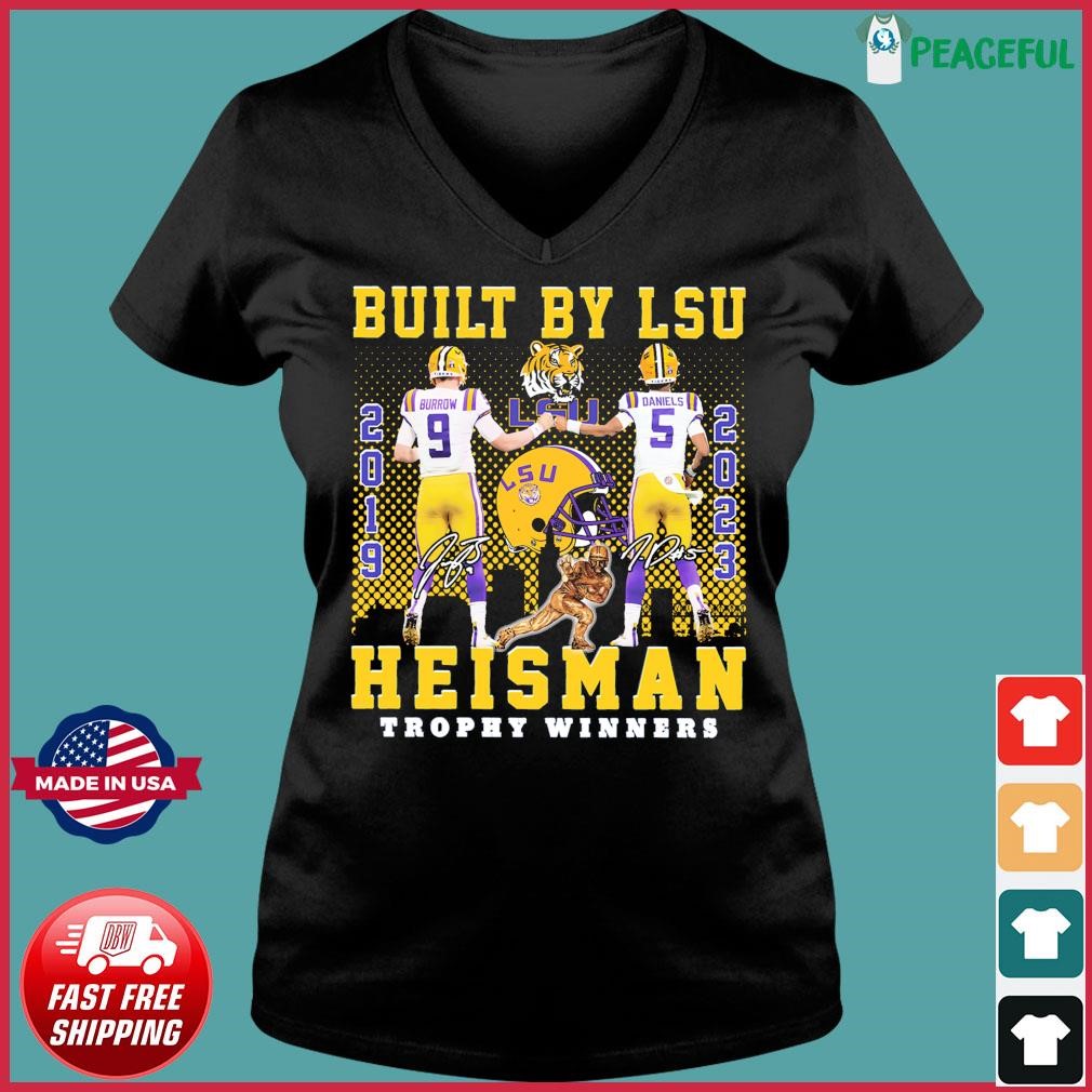 Burrow 2019 And Daniel 2023 Built By Lsu Heisman Trophy Winners Signatures Shirt Ladies V-neck Tee.jpg