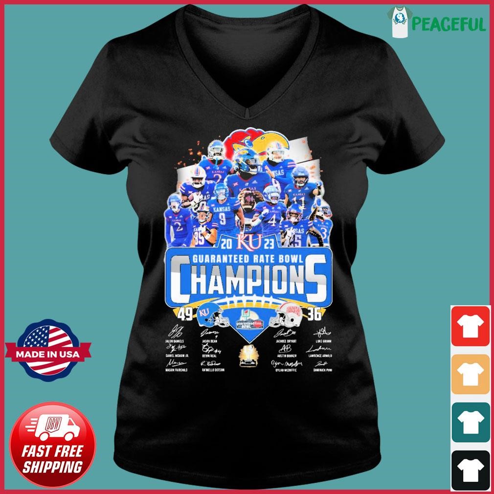 Kansas Jayhawks Team 2023 Guaranteed Rate Bowl Champions Signatures Shirt Ladies V-neck Tee.jpg