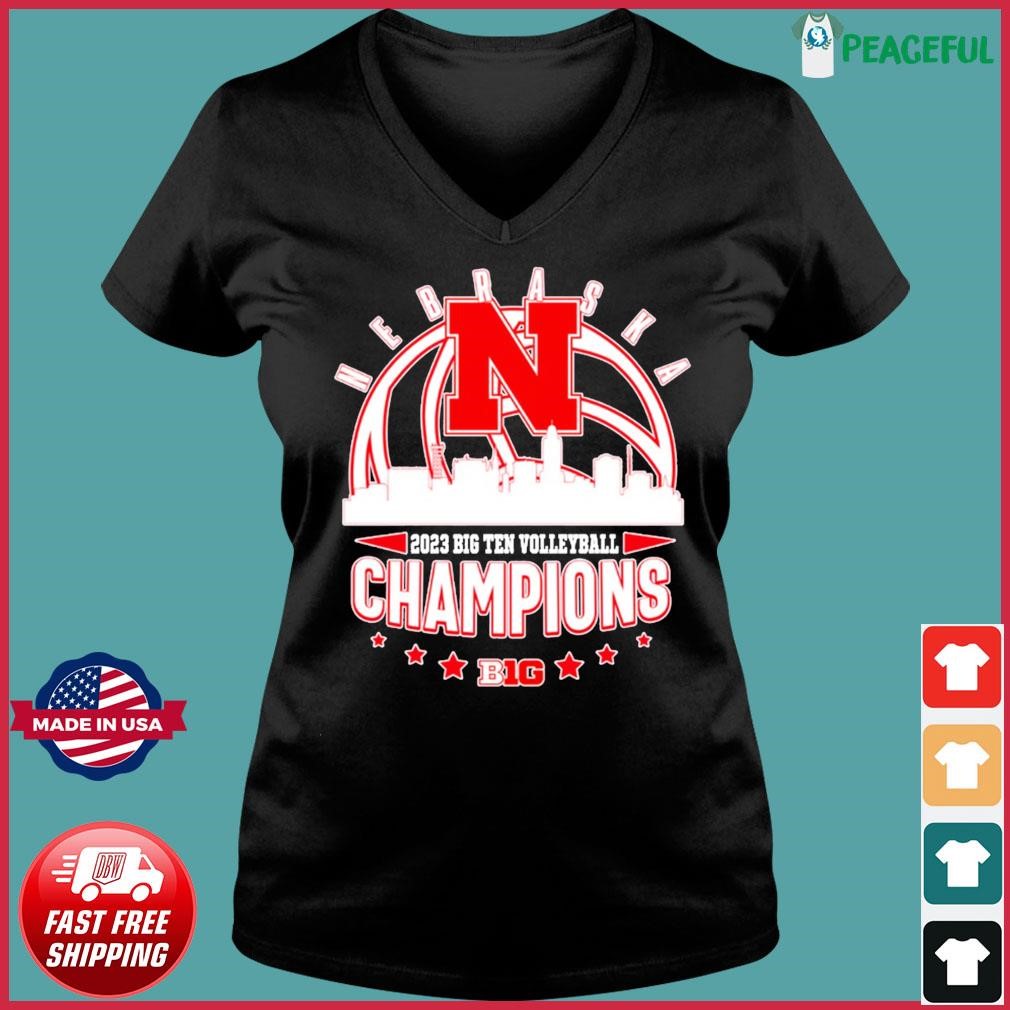 Nebraska Ball Skyline 2023 Big Ten Volleyball Champions Shirt Ladies V-neck Tee.jpg