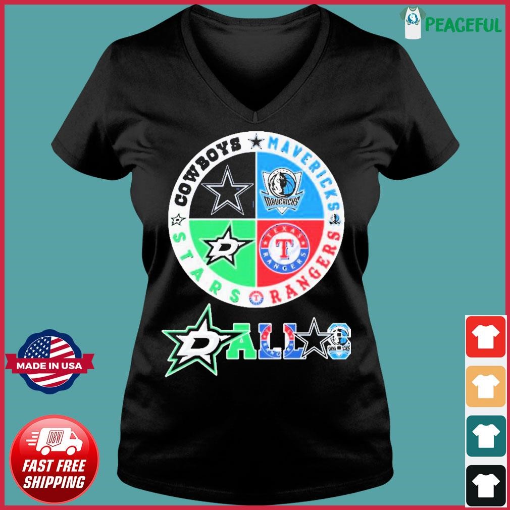 Official Dallas Sports Teams Cowboys, Mavericks Rangers And Stars Logo Shirt Ladies V-neck Tee.jpg