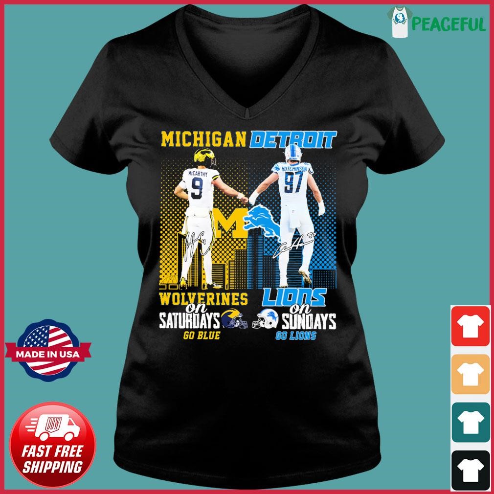 Official Michigan Wolverines Go Blue On Saturdays Detroit Lions Go Lions On Sundays Signatures Shirt Ladies V-neck Tee.jpg